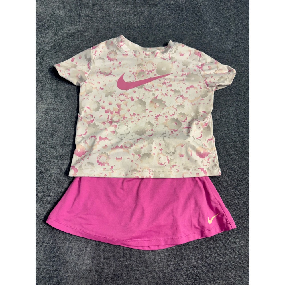 Nike Girls Dri-FIT Floral Tee and Skort Set Pink Size 6-6X Activewear 2pc